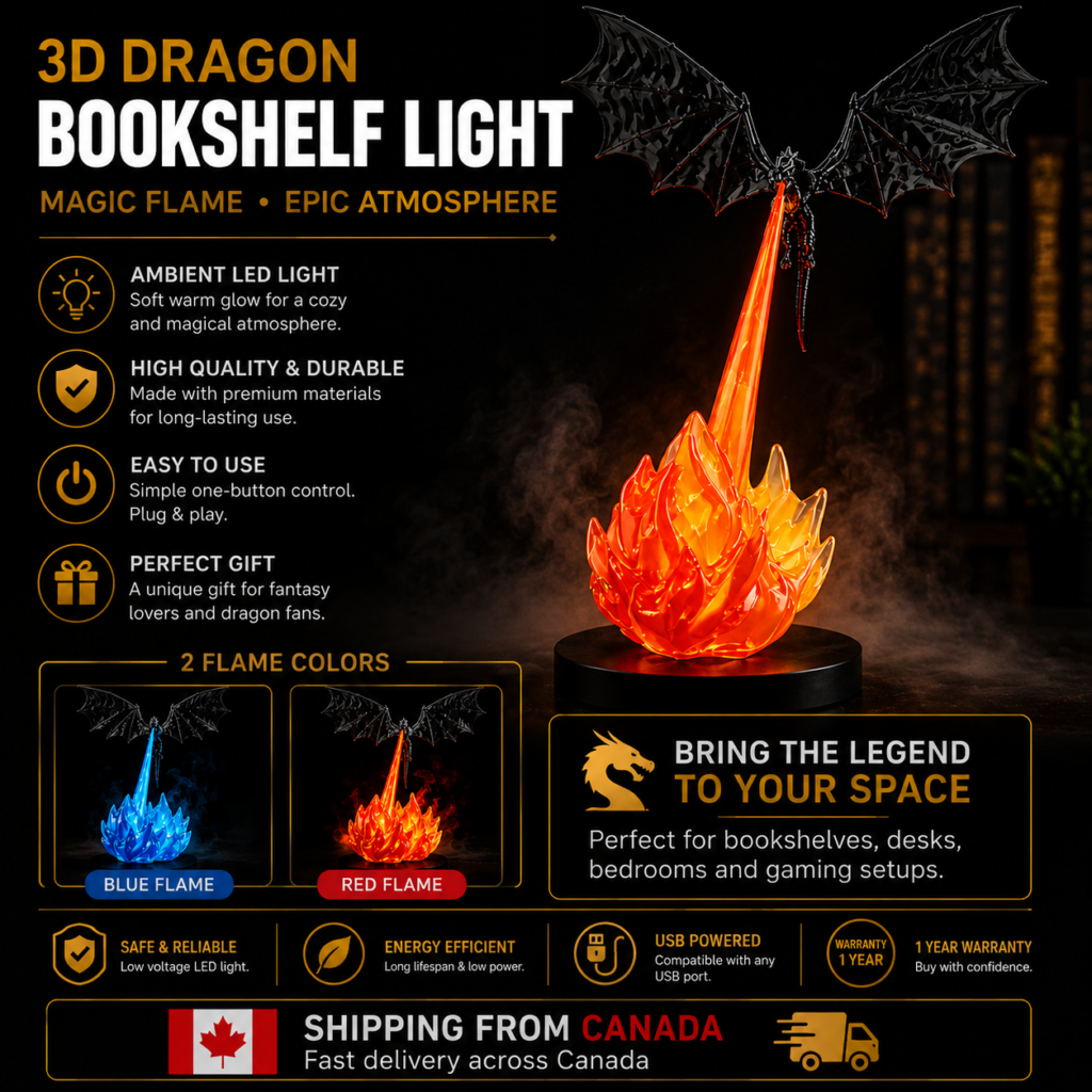 3D Printed Dragon Flame Book Nook Glowing Fire-Breathing Dragon Sculpture with LED Light Fantasy Shelf Decor Home Display